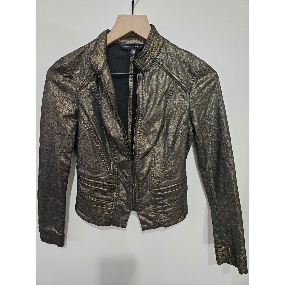 White House Black‎ Market Metallic Gold Moto Denim Jacket Size 00 Zip Up Slim